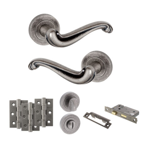 Atlantic Old English Colchester Door Handle Pack (Bathroom Set - 2.5" CE Bathroom Lock, 3" Fire Rated Hinges x3) - Distressed Silver