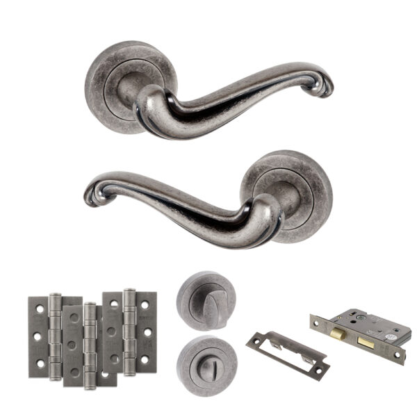 Atlantic Old English Colchester Door Handle Pack (Bathroom Set - 2.5" CE Bathroom Lock, 3" Fire Rated Hinges x3) - Distressed Silver