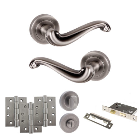 Atlantic Old English Colchester Door Handle Pack (Bathroom Set - 2.5" CE Bathroom Lock, 4" Fire Rated Hinges x3) - Matt Gun Metal