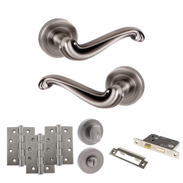 Atlantic Old English Colchester Door Handle Pack (Bathroom Set - 2.5" CE Bathroom Lock, 4" Fire Rated Hinges x3) - Matt Gun Metal
