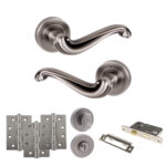 Atlantic Old English Colchester Door Handle Pack (Bathroom Set - 3" CE Bathroom Lock, 4" Fire Rated Hinges x3) - Matt Gun Metal