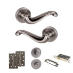Atlantic Old English Colchester Door Handle Pack (Bathroom Set - 3" CE Bathroom Lock, 4" Slim Knuckle Hinges x2) - Matt Gun Metal