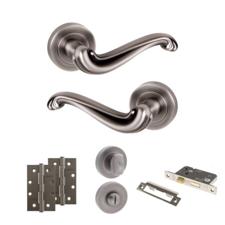 Atlantic Old English Colchester Door Handle Pack (Bathroom Set - 3" CE Bathroom Lock, 4" Slim Knuckle Hinges x2) - Matt Gun Metal