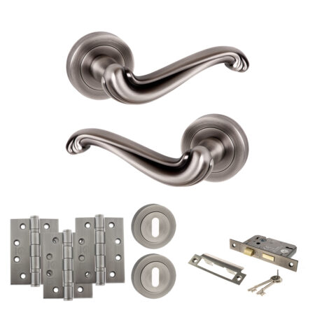 Atlantic Old English Colchester Door Handle Pack (3 Lever Lock Set - 2.5" CE Sashlock, 4" Fire Rated Hinges x3) - Matt Gun Metal