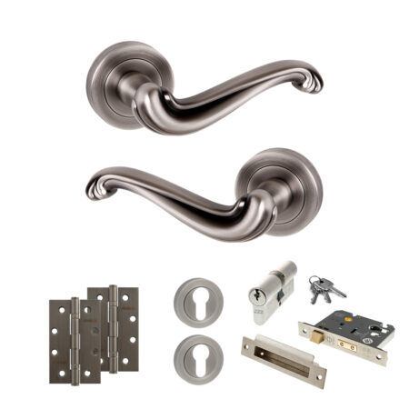Atlantic Old English Colchester Door Handle Pack (Euro Lock Set - 3" CE Sashlock, 4" Slim Knuckle Hinges x2) - Matt Gun Metal