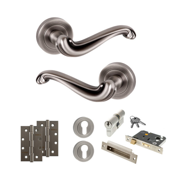 Atlantic Old English Colchester Door Handle Pack (Euro Lock Set - 3" CE Sashlock, 4" Slim Knuckle Hinges x2) - Matt Gun Metal