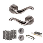 Atlantic Old English Colchester Door Handle Pack (Bathroom Set - 2.5" CE Bathroom Lock, 3" Fire Rated Hinges x3) - Matt Gun Metal