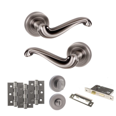 Atlantic Old English Colchester Door Handle Pack (Bathroom Set - 2.5" CE Bathroom Lock, 3" Fire Rated Hinges x3) - Matt Gun Metal