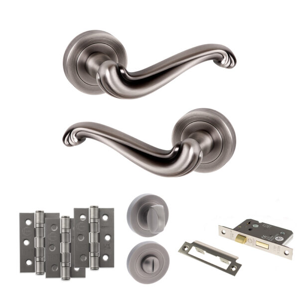 Atlantic Old English Colchester Door Handle Pack (Bathroom Set - 3" CE Bathroom Lock, 3" Fire Rated Hinges x3) - Matt Gun Metal