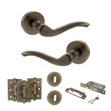 Atlantic Old English Warwick Door Handle Pack (3 Lever Lock Set - 3" CE Sashlock, 3" Fire Rated Hinges x3) - Antique Brass