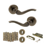 Atlantic Old English Warwick Door Handle Pack (3 Lever Lock Set - 2.5" CE Sashlock, 4" Fire Rated Hinges x3) - Antique Brass