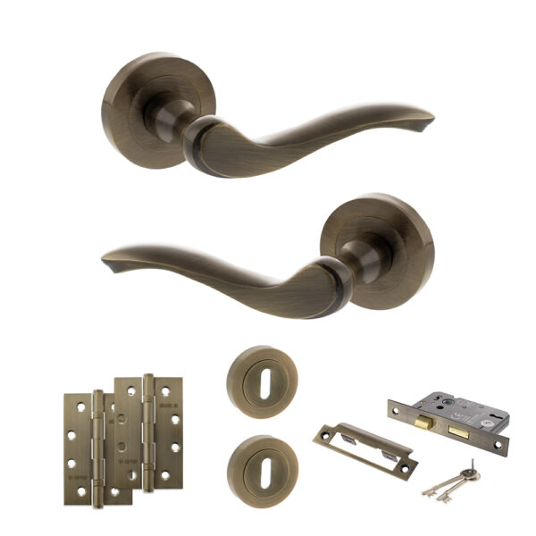 Atlantic Old English Warwick Door Handle Pack (3 Lever Lock Set - 2.5" CE Sashlock, 4" Slim Knuckle Hinges x2) - Antique Brass