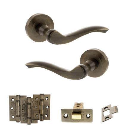 Atlantic Old English Warwick Door Handle Pack (Latch Set - 2.5" CE Latch, 3" Fire Rated Hinges x3) - Antique Brass