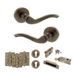 Atlantic Old English Warwick Door Handle Pack (Euro Lock Set - 3" CE Sashlock, 4" Fire Rated Hinges x3) - Antique Brass