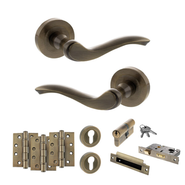 Atlantic Old English Warwick Door Handle Pack (Euro Lock Set - 3" CE Sashlock, 4" Fire Rated Hinges x3) - Antique Brass