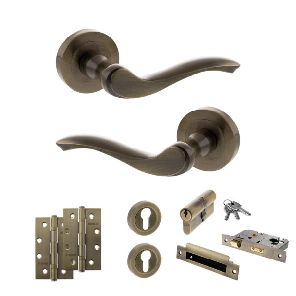 Atlantic Old English Warwick Door Handle Pack (Euro Lock Set - 2.5" CE Sashlock, 4" Slim Knuckle Hinges x2) - Antique Brass