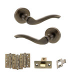 Atlantic Old English Warwick Door Handle Pack (Latch Set - 2.5" CE Latch, 4" Fire Rated Hinges x3) - Antique Brass