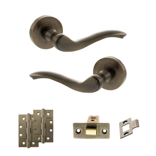 Atlantic Old English Warwick Door Handle Pack (Latch Set - 3" CE Latch, 4" Slim Knuckle Hinges x2) - Antique Brass
