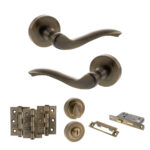 Atlantic Old English Warwick Door Handle Pack (Bathroom Set - 3" CE Bathroom Lock, 3" Fire Rated Hinges x3) - Antique Brass