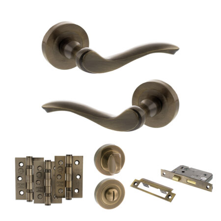 Atlantic Old English Warwick Door Handle Pack (Bathroom Set - 3" CE Bathroom Lock, 3" Fire Rated Hinges x3) - Antique Brass