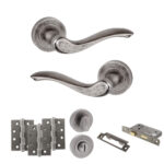 Atlantic Old English Warwick Door Handle Pack (Bathroom Set - 3" CE Bathroom Lock, 4" Fire Rated Hinges x3) - Distressed Silver