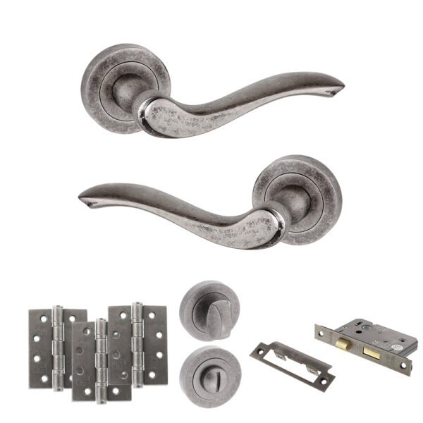 Atlantic Old English Warwick Door Handle Pack (Bathroom Set - 3" CE Bathroom Lock, 4" Fire Rated Hinges x3) - Distressed Silver
