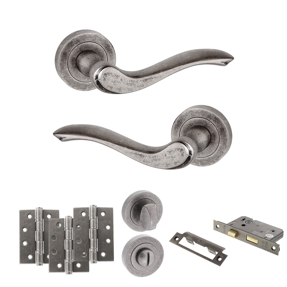 ADPOE178DS11_OLD-ENGLISH-WARWICK-DISTRESSED-SILVER.jpg Atlantic Old English Warwick Door Handle Pack (Bathroom Set - 3" CE Bathroom Lock, 4" Fire Rated Hinges x3) - Distressed Silver - Image 1