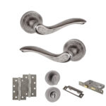 Atlantic Old English Warwick Door Handle Pack (Bathroom Set - 2.5" CE Bathroom Lock, 4" Slim Knuckle Hinges x2) - Distressed Silver