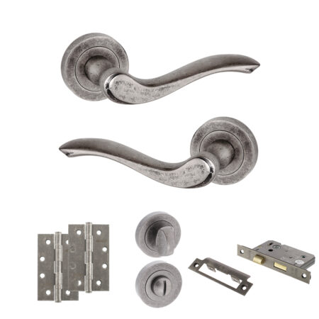 Atlantic Old English Warwick Door Handle Pack (Bathroom Set - 2.5" CE Bathroom Lock, 4" Slim Knuckle Hinges x2) - Distressed Silver