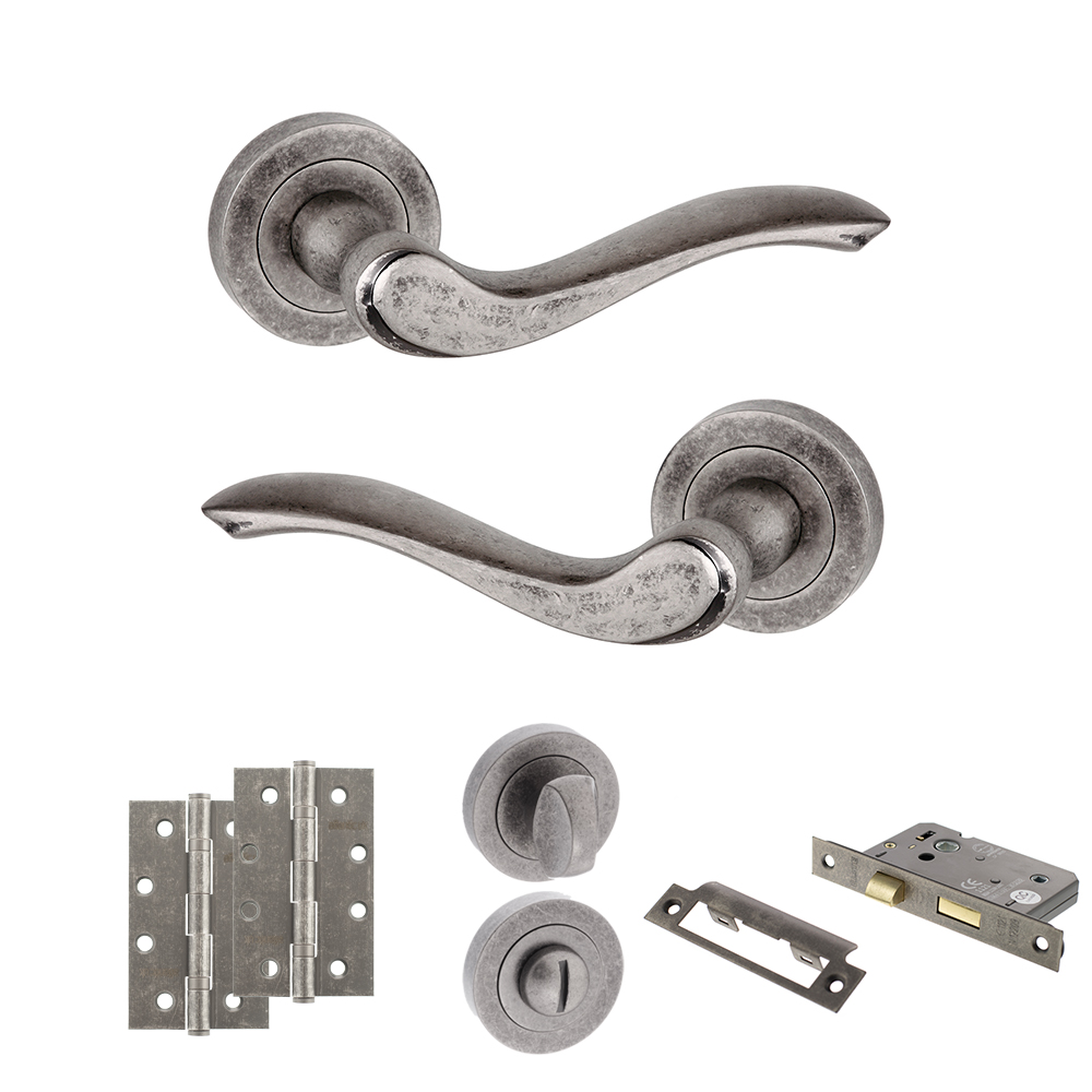 ADPOE178DS13_OLD-ENGLISH-WARWICK-DISTRESSED-SILVER.jpg Atlantic Old English Warwick Door Handle Pack (Bathroom Set - 3" CE Bathroom Lock, 4" Slim Knuckle Hinges x2) - Distressed Silver - Image 1
