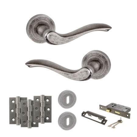 Atlantic Old English Warwick Door Handle Pack (3 Lever Lock Set - 2.5" CE Sashlock, 3" Fire Rated Hinges x3) - Distressed Silver
