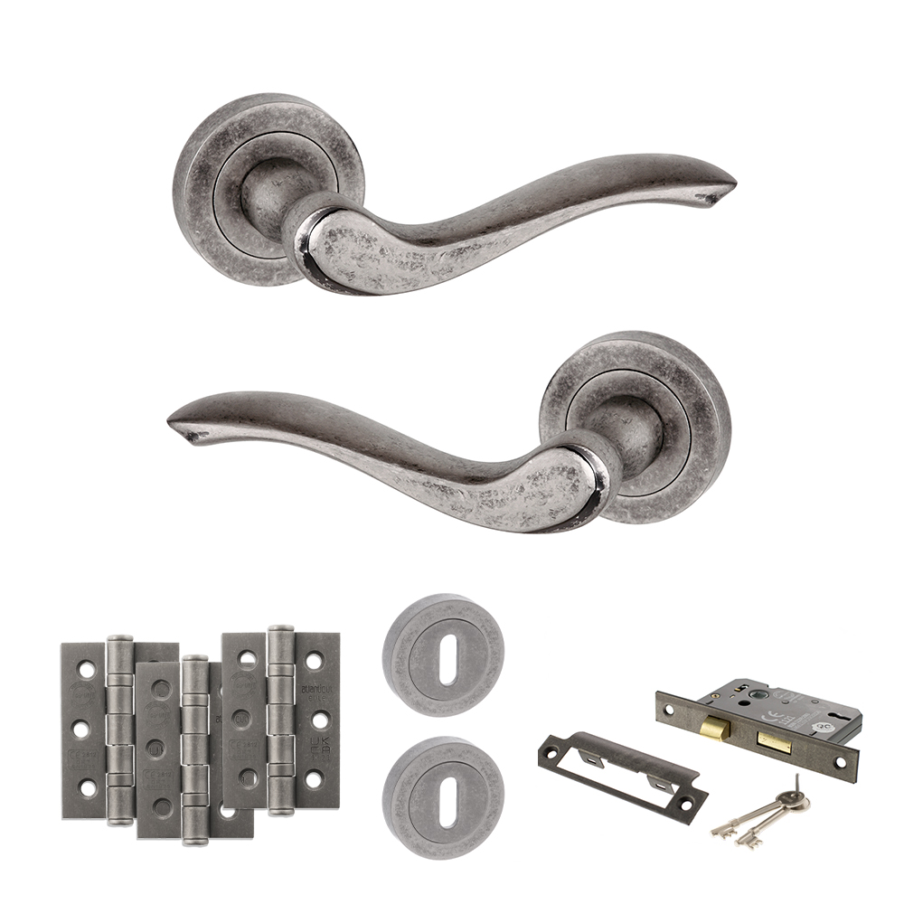 ADPOE178DS14_OLD-ENGLISH-WARWICK-DISTRESSED-SILVER.jpg Atlantic Old English Warwick Door Handle Pack (3 Lever Lock Set - 2.5" CE Sashlock, 3" Fire Rated Hinges x3) - Distressed Silver - Image 1