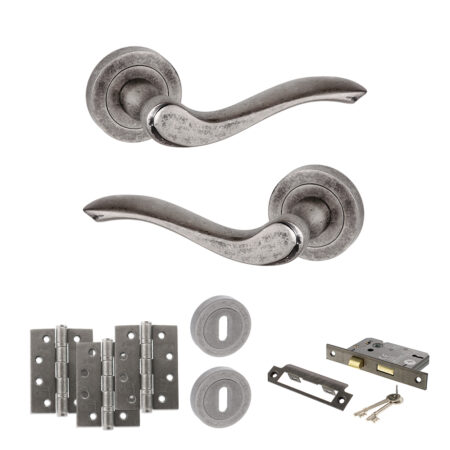 Atlantic Old English Warwick Door Handle Pack (3 Lever Lock Set - 2.5" CE Sashlock, 4" Fire Rated Hinges x3) - Distressed Silver