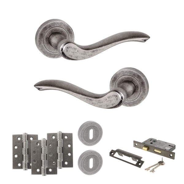 Atlantic Old English Warwick Door Handle Pack (3 Lever Lock Set - 2.5" CE Sashlock, 4" Fire Rated Hinges x3) - Distressed Silver