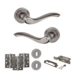 Atlantic Old English Warwick Door Handle Pack (3 Lever Lock Set - 3" CE Sashlock, 4" Fire Rated Hinges x3) - Distressed Silver