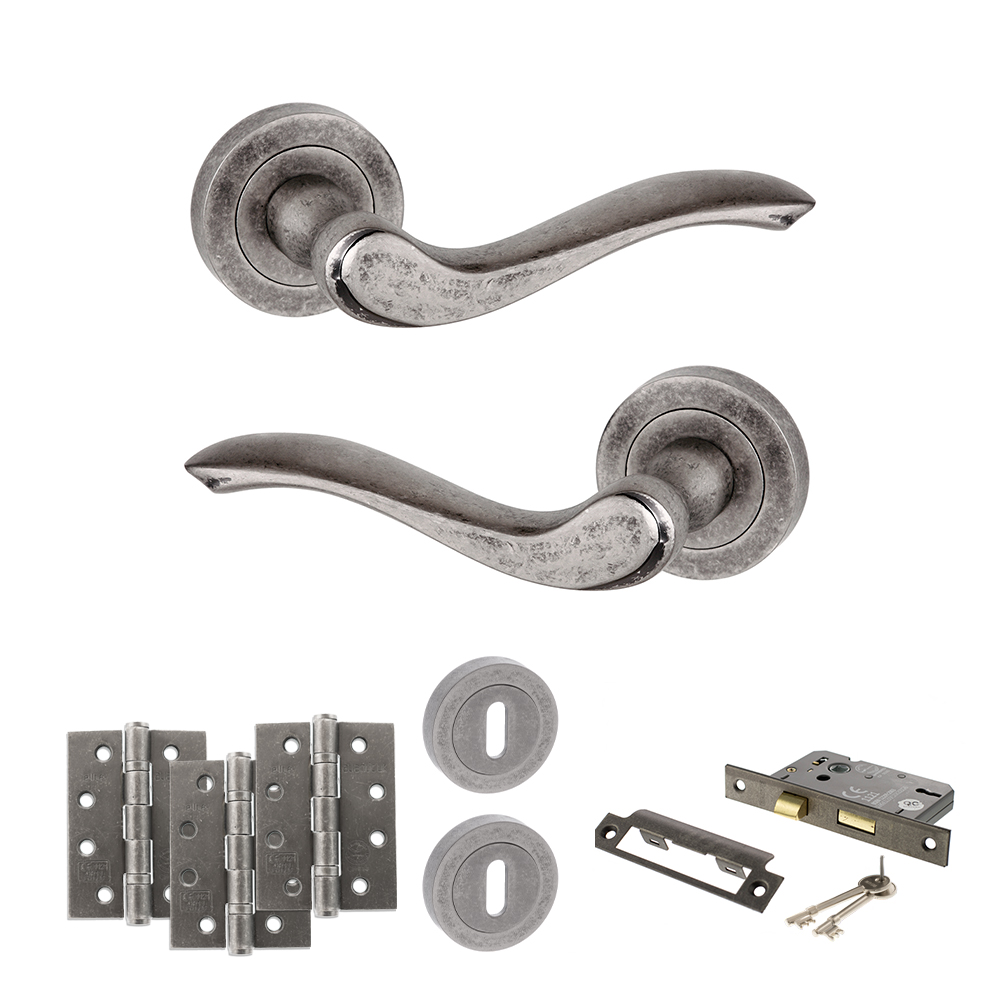 ADPOE178DS17_OLD-ENGLISH-WARWICK-DISTRESSED-SILVER.jpg Atlantic Old English Warwick Door Handle Pack (3 Lever Lock Set - 3" CE Sashlock, 4" Fire Rated Hinges x3) - Distressed Silver - Image 1