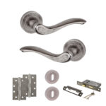 Atlantic Old English Warwick Door Handle Pack (3 Lever Lock Set - 2.5" CE Sashlock, 4" Slim Knuckle Hinges x2) - Distressed Silver