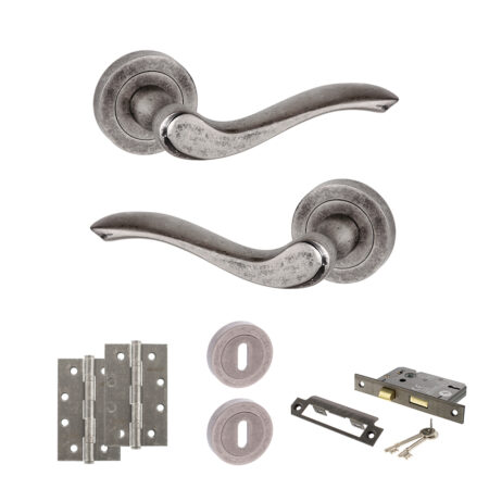 Atlantic Old English Warwick Door Handle Pack (3 Lever Lock Set - 2.5" CE Sashlock, 4" Slim Knuckle Hinges x2) - Distressed Silver