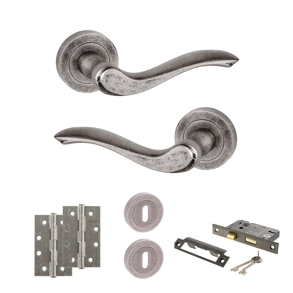 ADPOE178DS18_OLD-ENGLISH-WARWICK-DISTRESSED-SILVER.jpg Atlantic Old English Warwick Door Handle Pack (3 Lever Lock Set - 2.5" CE Sashlock, 4" Slim Knuckle Hinges x2) - Distressed Silver - Image 1