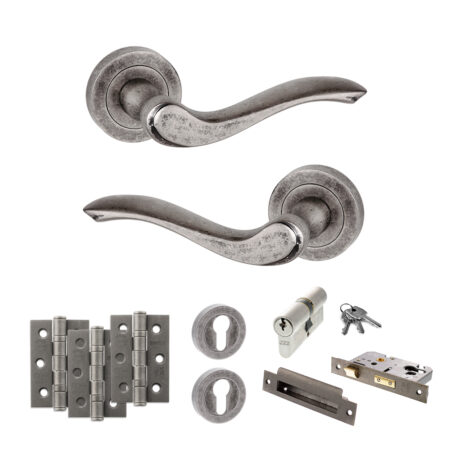 Atlantic Old English Warwick Door Handle Pack (Euro Lock Set - 2.5" CE Sashlock, 3" Fire Rated Hinges x3) - Distressed Silver
