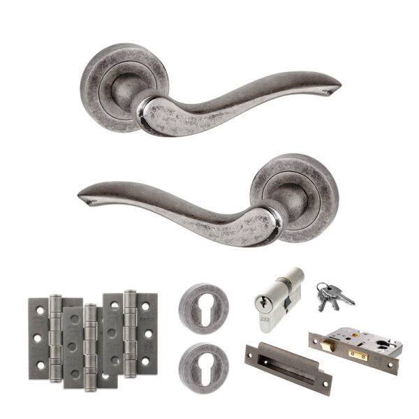 Atlantic Old English Warwick Door Handle Pack (Euro Lock Set - 2.5" CE Sashlock, 3" Fire Rated Hinges x3) - Distressed Silver