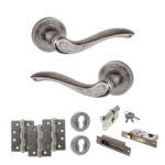 Atlantic Old English Warwick Door Handle Pack (Euro Lock Set - 2.5" CE Sashlock, 4" Fire Rated Hinges x3) - Distressed Silver