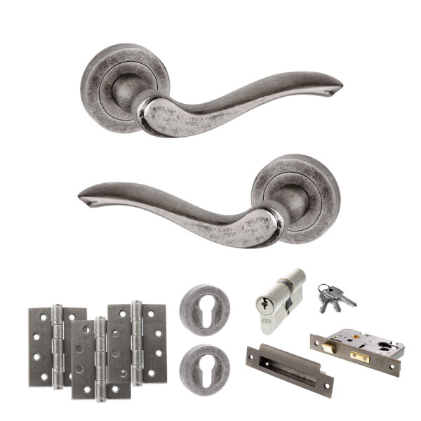 Atlantic Old English Warwick Door Handle Pack (Euro Lock Set - 2.5" CE Sashlock, 4" Fire Rated Hinges x3) - Distressed Silver