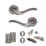 Atlantic Old English Warwick Door Handle Pack (Euro Lock Set - 3" CE Sashlock, 4" Slim Knuckle Hinges x2) - Distressed Silver