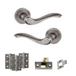 Atlantic Old English Warwick Door Handle Pack (Latch Set - 3" CE Latch, 3" Fire Rated Hinges x3) - Distressed Silver