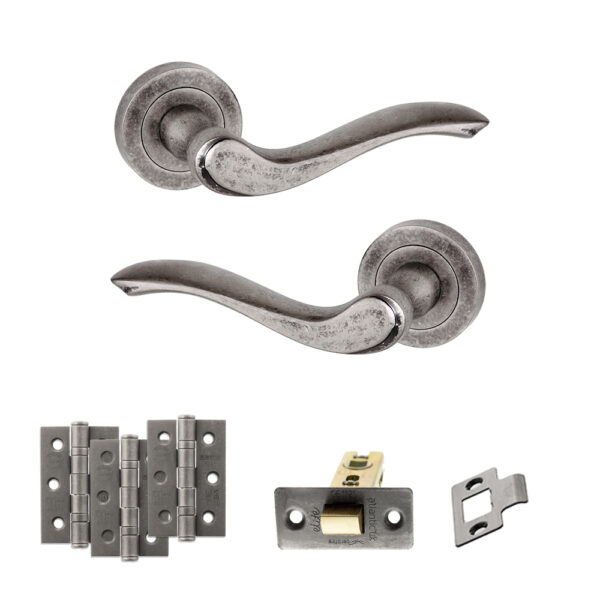 Atlantic Old English Warwick Door Handle Pack (Latch Set - 3" CE Latch, 3" Fire Rated Hinges x3) - Distressed Silver