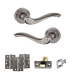 Atlantic Old English Warwick Door Handle Pack (Latch Set - 2.5" CE Latch, 4" Fire Rated Hinges x3) - Distressed Silver