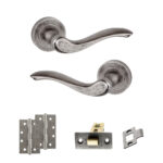 Atlantic Old English Warwick Door Handle Pack (Latch Set - 3" CE Latch, 4" Slim Knuckle Hinges x2) - Distressed Silver