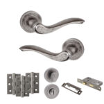 Atlantic Old English Warwick Door Handle Pack (Bathroom Set - 2.5" CE Bathroom Lock, 3" Fire Rated Hinges x3) - Distressed Silver