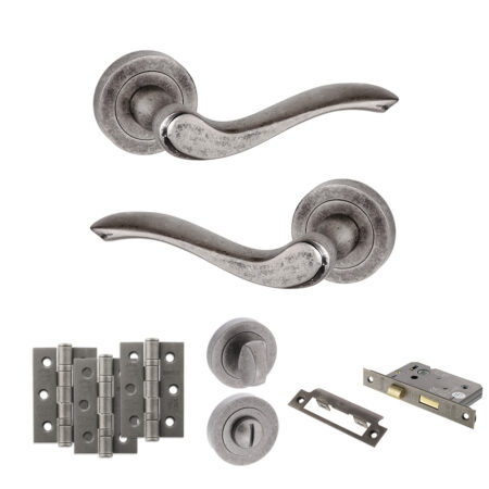 Atlantic Old English Warwick Door Handle Pack (Bathroom Set - 3" CE Bathroom Lock, 3" Fire Rated Hinges x3) - Distressed Silver